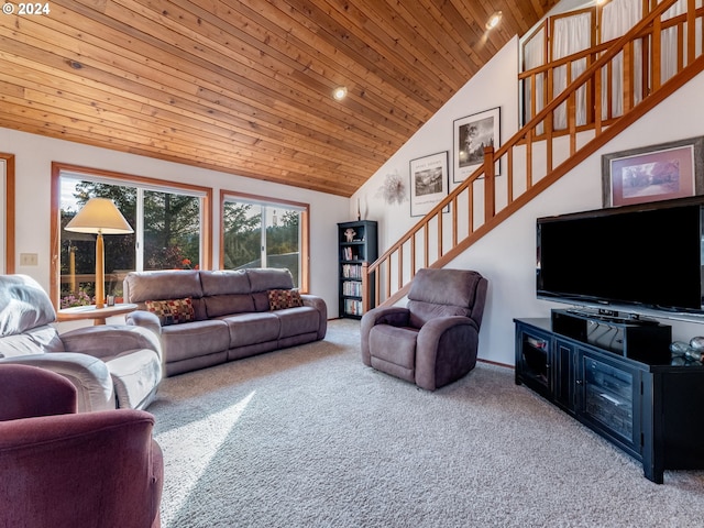 14355 NW Pheasant Hill Ln, Mcminnville, OR 97128 - carpeted living area featuring wooden ceiling, high vaulted ceiling, stairway, and recessed lighting