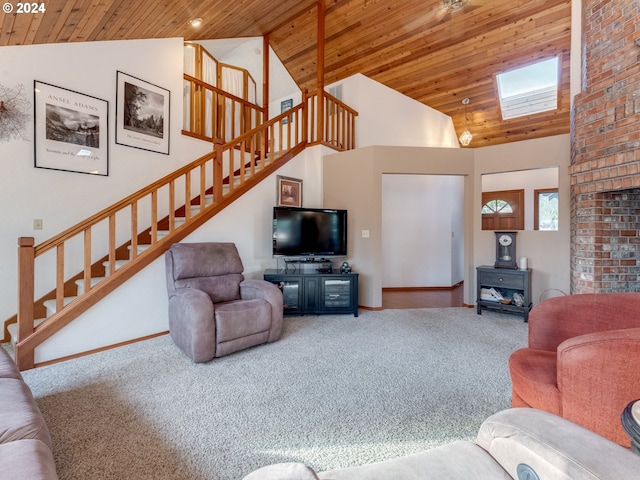 14355 NW Pheasant Hill Ln, Mcminnville, OR 97128 - carpeted living area with wooden ceiling, stairs, high vaulted ceiling, baseboards, and a wood stove