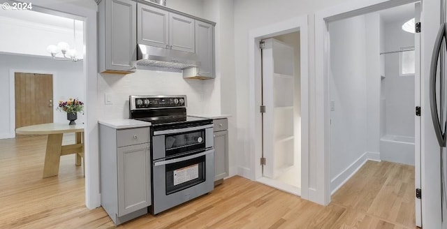 kitchen featuring electric range, gray cabinets, and light hardwood / wood-style floors