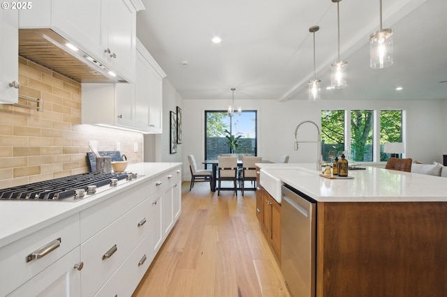 kitchen with backsplash, appliances with stainless steel finishes, a sink, light wood finished floors, and custom range hood