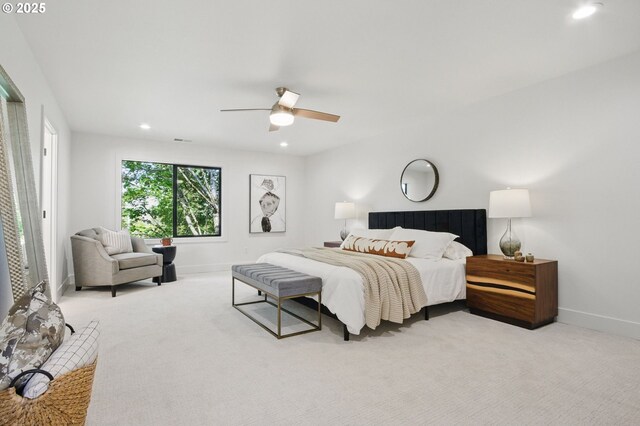 carpeted bedroom with baseboards, a ceiling fan, recessed lighting, and visible vents