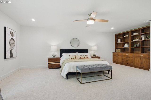 bedroom featuring baseboards, ceiling fan, light carpet, and recessed lighting