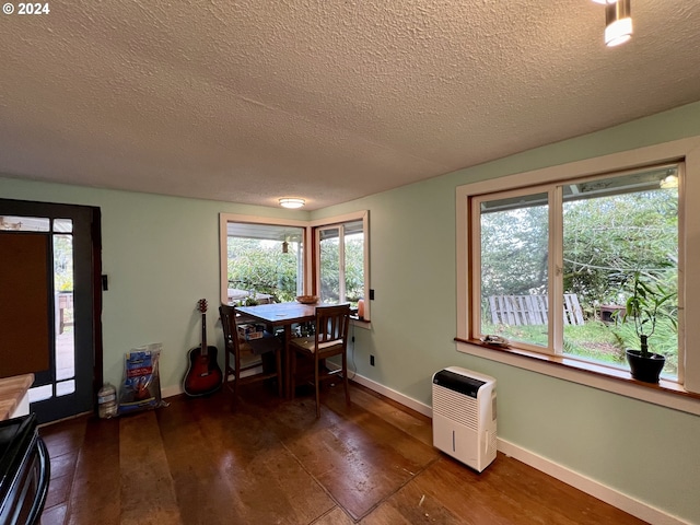 dining space featuring dark hardwood / wood-style floors, a healthy amount of sunlight, and a textured ceiling