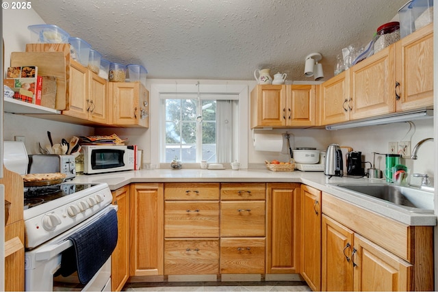 kitchen featuring sink, white appliances, and a textured ceiling