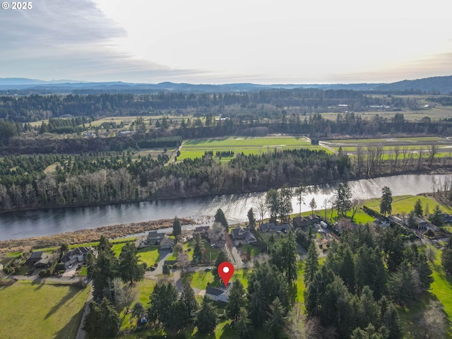 birds eye view of property featuring a water and mountain view