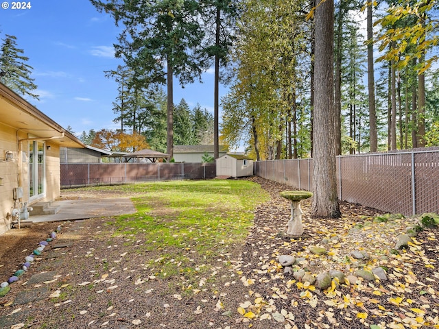 view of yard with a fenced backyard, a storage unit, a patio, and an outdoor structure