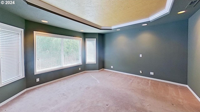 carpeted empty room with a textured ceiling, a raised ceiling, and crown molding