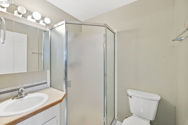 bathroom featuring vanity, toilet, and a shower with door