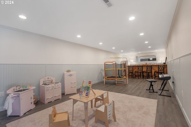 recreation room with dark hardwood / wood-style floors, crown molding, and sink