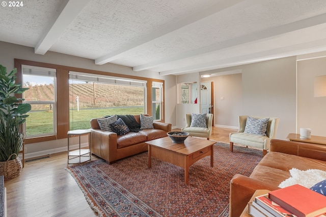 living room featuring beamed ceiling, wood-type flooring, and a textured ceiling