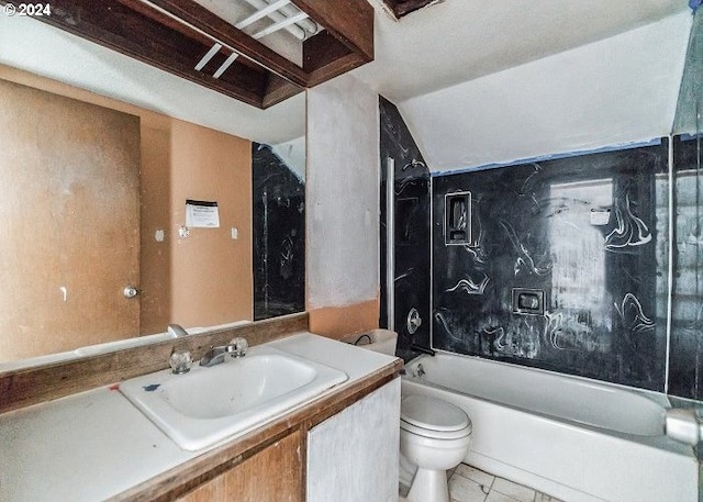 1730 SW 203rd Ave, Beaverton, OR 97003 - full bath featuring toilet, vanity, shower / bath combination, vaulted ceiling, and tile patterned floors
