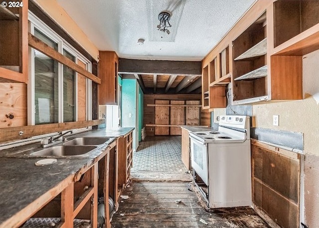1730 SW 203rd Ave, Beaverton, OR 97003 - kitchen featuring white electric range, a sink, open shelves, dark wood finished floors, and brown cabinetry