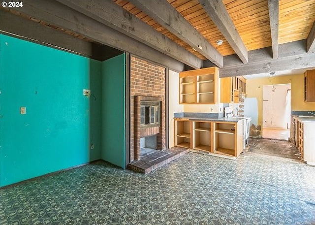 1730 SW 203rd Ave, Beaverton, OR 97003 - kitchen featuring open shelves, a fireplace, wooden ceiling, and beam ceiling