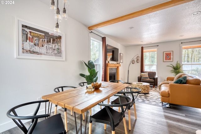 dining room with a healthy amount of sunlight, a textured ceiling, dark wood-type flooring, and beamed ceiling