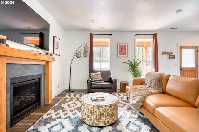 living room featuring a tile fireplace and dark hardwood / wood-style floors