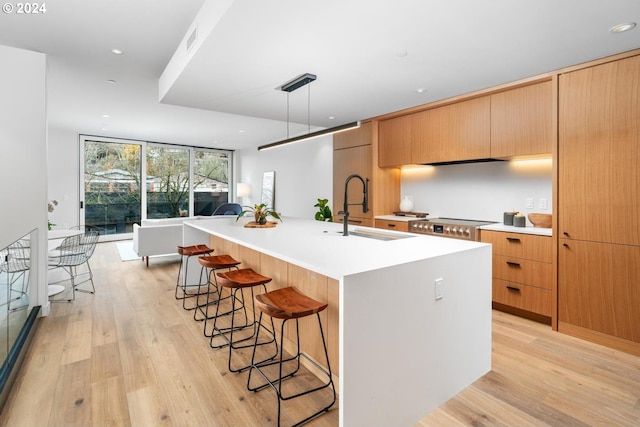 kitchen with decorative light fixtures, light wood-type flooring, sink, and a large island with sink