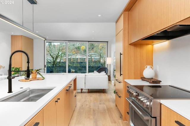 kitchen featuring sink, light brown cabinets, a wall of windows, high end stainless steel range, and light hardwood / wood-style floors