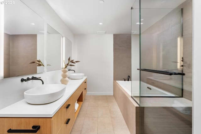 bathroom with vanity, tile patterned floors, and independent shower and bath