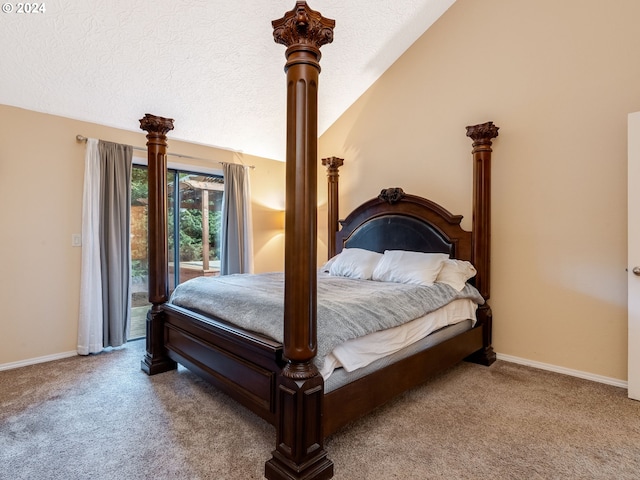 bedroom with access to outside, carpet, a textured ceiling, and lofted ceiling