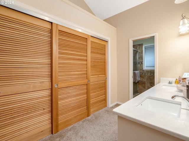 bathroom featuring vanity, a shower with shower door, and vaulted ceiling