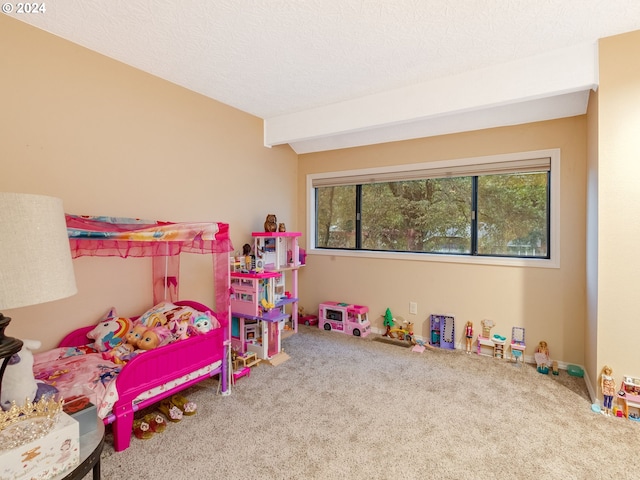 carpeted bedroom featuring a textured ceiling