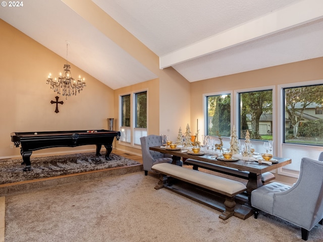 carpeted dining area featuring vaulted ceiling with beams, a notable chandelier, a textured ceiling, and pool table