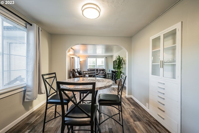 dining room featuring dark wood-type flooring and a textured ceiling