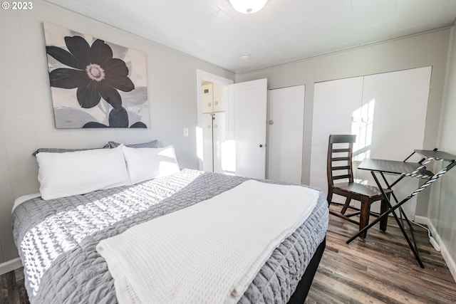 bedroom with two closets and hardwood / wood-style flooring