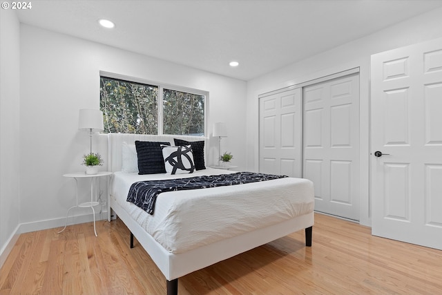 bedroom with wood-type flooring and a closet