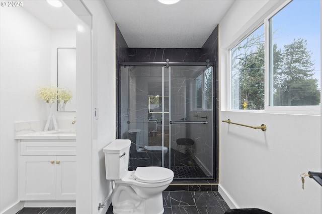 bathroom with vanity, toilet, and a shower with door