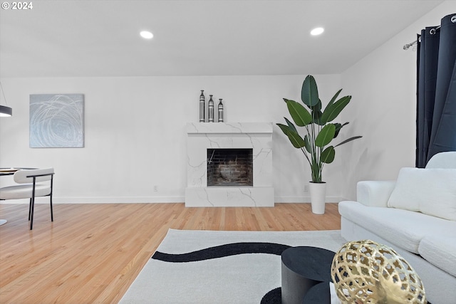 living room featuring hardwood / wood-style floors and a premium fireplace