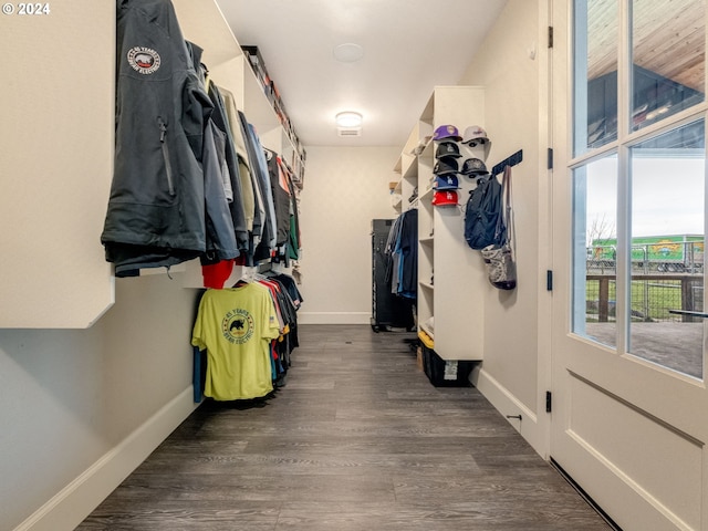 spacious closet featuring dark hardwood / wood-style floors