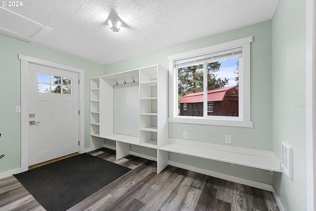 mudroom featuring dark hardwood / wood-style flooring and a textured ceiling