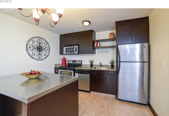 kitchen featuring dark brown cabinets, stainless steel appliances, sink, and light hardwood / wood-style flooring