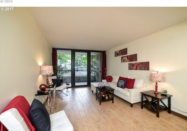 living room with a wall of windows and light hardwood / wood-style floors