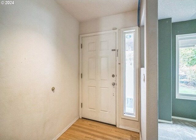 entryway featuring a wealth of natural light, a textured ceiling, and light hardwood / wood-style flooring