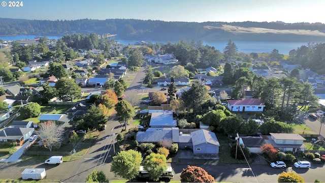 aerial perspective of suburban area with a large body of water