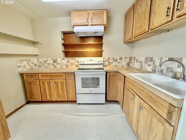 kitchen with tasteful backsplash, sink, and white range with electric cooktop