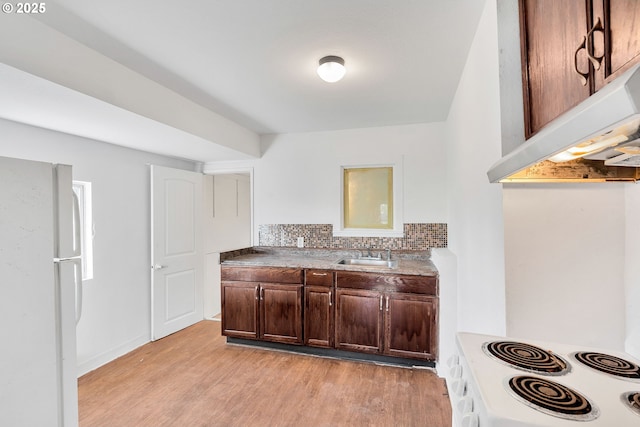 kitchen featuring sink, dark brown cabinets, white appliances, light hardwood / wood-style floors, and decorative backsplash