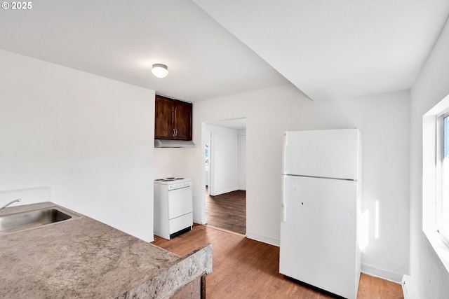 kitchen featuring light hardwood / wood-style flooring, sink, white appliances, and dark brown cabinets