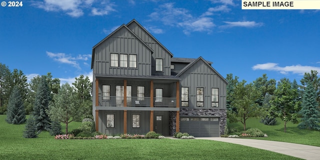 modern farmhouse featuring a garage, a front lawn, and a balcony