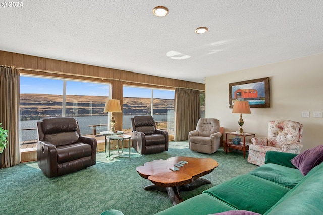 living room featuring a textured ceiling, wooden walls, and carpet flooring