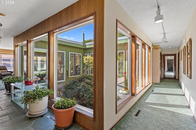 hallway featuring wooden walls, a wealth of natural light, and a textured ceiling