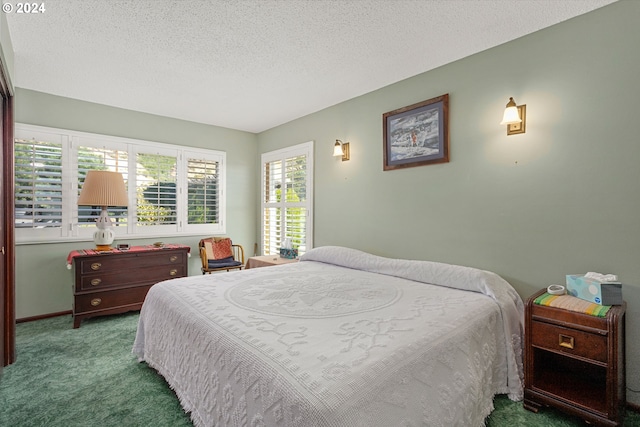 carpeted bedroom with a textured ceiling