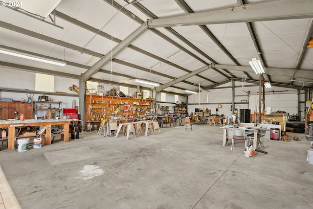 garage with a workshop area