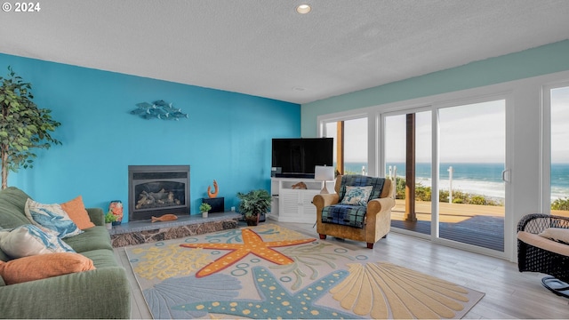 living room with a textured ceiling and light hardwood / wood-style floors