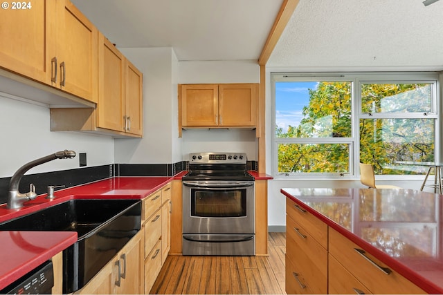 kitchen with stainless steel electric stove, sink, light wood-type flooring, and black dishwasher