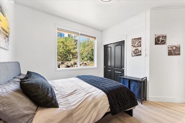 bedroom featuring light wood-type flooring and a closet