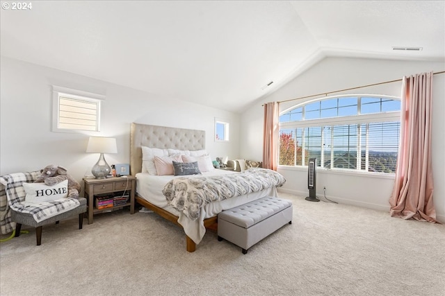 bedroom featuring carpet and vaulted ceiling