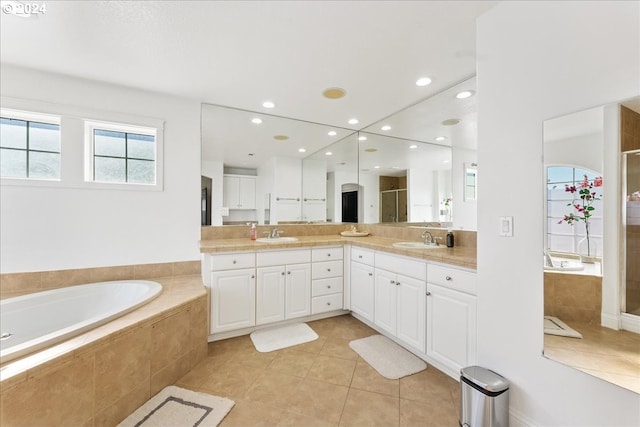 bathroom with vanity, separate shower and tub, and tile patterned floors